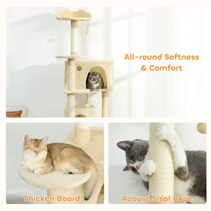 180cm Cat Tree – Beige and Cream White | Multi-Level Cat Tower - Hammock and Condos PAWHUT - Little and Giant Explorers PawHut