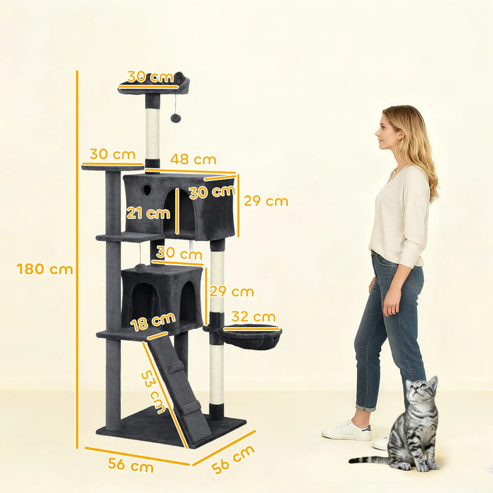 180cm Cat Tree – Dark Grey and Cream | Multi-Level Tower - Hammock and Sisal Posts PAWHUT - Little and Giant Explorers PawHut