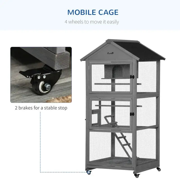 180cm Large Outdoor Bird Cage with Roof – Grey | Wooden Aviary - Wheels and Perches PAWHUT - Little and Giant Explorers PawHut