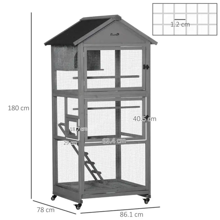 180cm Large Outdoor Bird Cage with Roof – Grey | Wooden Aviary - Wheels and Perches PAWHUT - Little and Giant Explorers PawHut