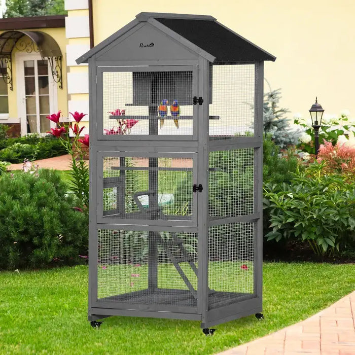 180cm Large Outdoor Bird Cage with Roof – Grey | Wooden Aviary - Wheels and Perches PAWHUT - Little and Giant Explorers PawHut