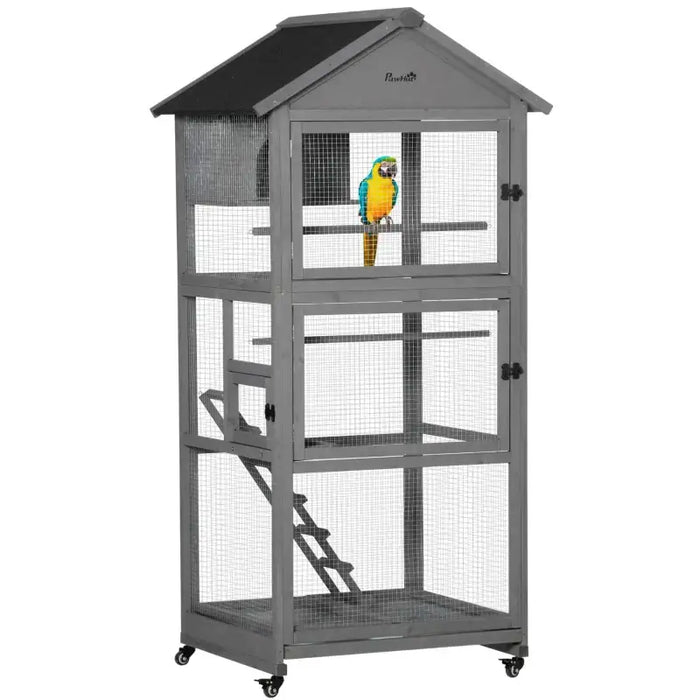 180cm Large Outdoor Bird Cage with Roof – Grey | Wooden Aviary - Wheels and Perches PAWHUT - Little and Giant Explorers PawHut