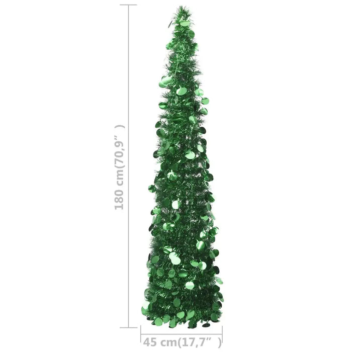 Tall green tinsel Christmas tree with shiny round ornaments, 180cm height, 45cm width