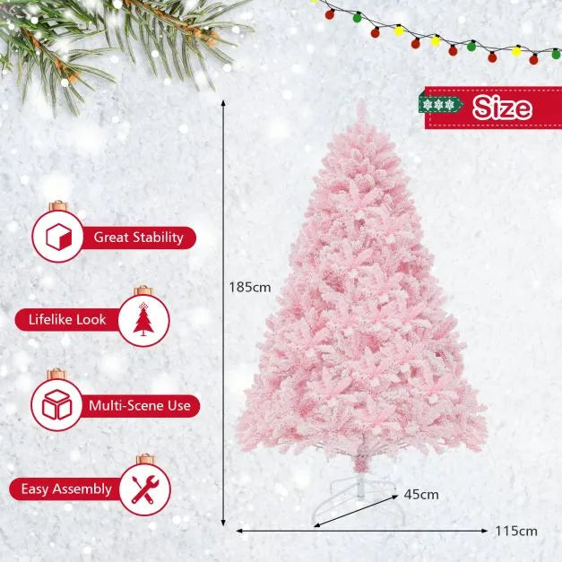 185cm Pink Candy Christmas Tree - 808 Branch Tips | 350 LED Lights - Hinged Design COSTWAY - Little and Giant Explorers Costway
