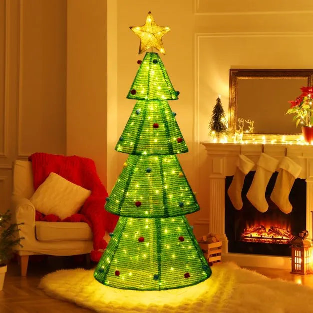 190cm Collapsible Pre-Lit Christmas Tree – 200 Warm White LEDs | Weather-Resistant Fabric COSTWAY - Little and Giant Explorers Costway
