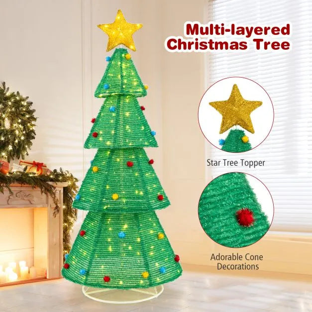 190cm Collapsible Pre-Lit Christmas Tree – 200 Warm White LEDs | Weather-Resistant Fabric COSTWAY - Little and Giant Explorers Costway