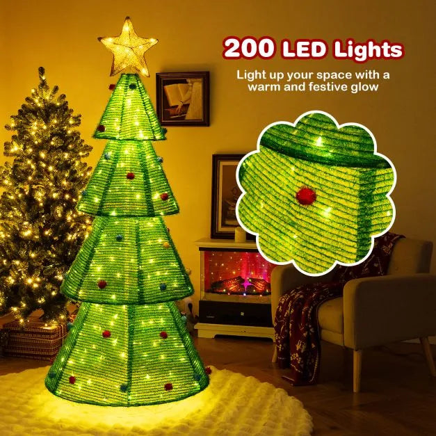190cm Collapsible Pre-Lit Christmas Tree – 200 Warm White LEDs | Weather-Resistant Fabric COSTWAY - Little and Giant Explorers Costway