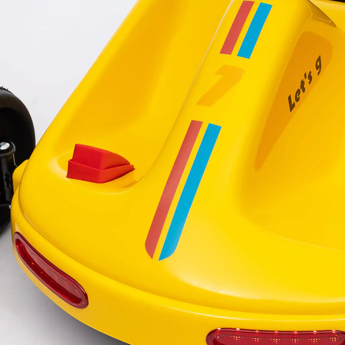 Yellow toy car with red and blue stripes on a white background