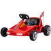 Red toy go-kart with racing decals on a white background