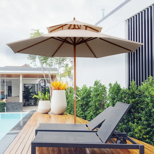 2.7m Wooden Garden Parasol – Double Canopy | Bamboo Ribs in Teak Finish and Beige OUTSUNNY - Little and Giant Explorers vidaXL