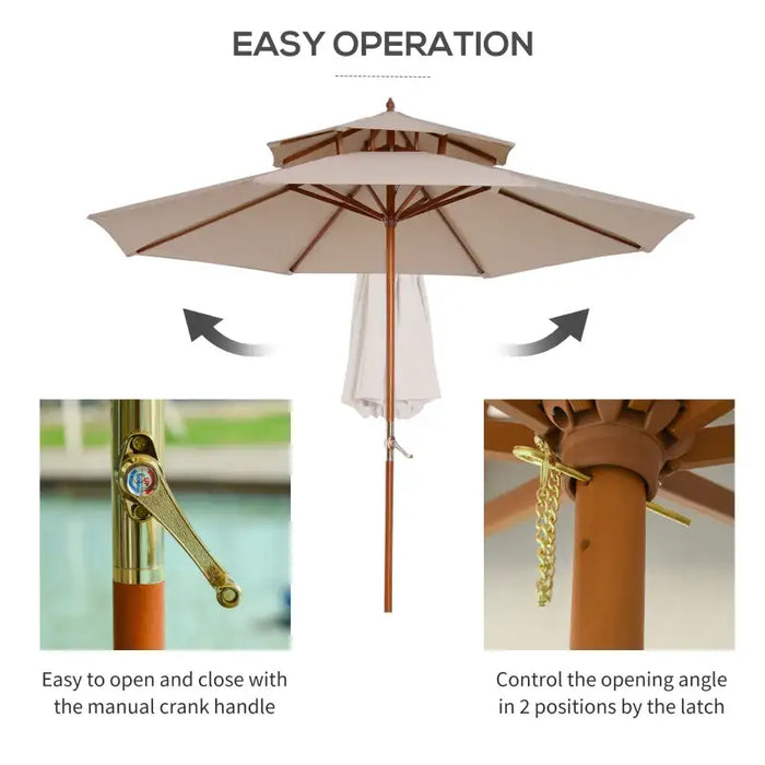 2.7m Wooden Garden Parasol – Double Canopy | Bamboo Ribs in Teak Finish and Beige OUTSUNNY - Little and Giant Explorers vidaXL
