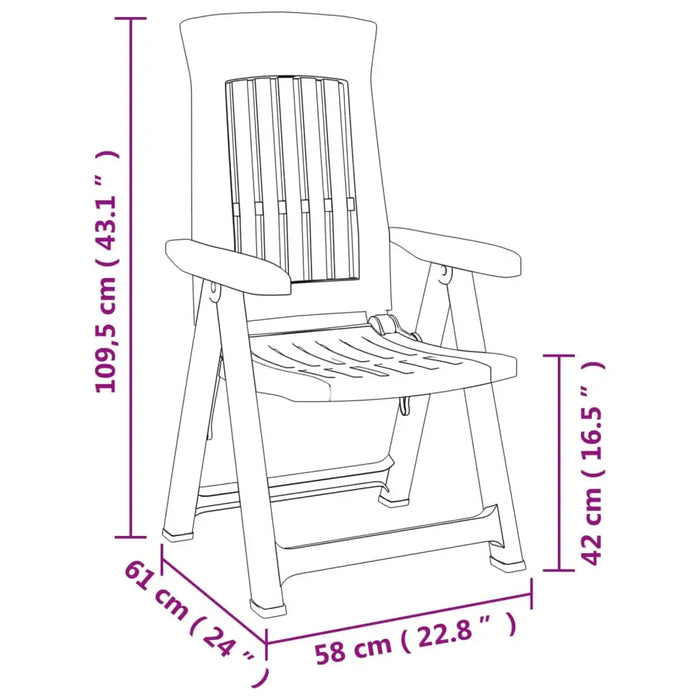 Line drawing of a garden reclining chair with labeled dimensions in cm and inches.