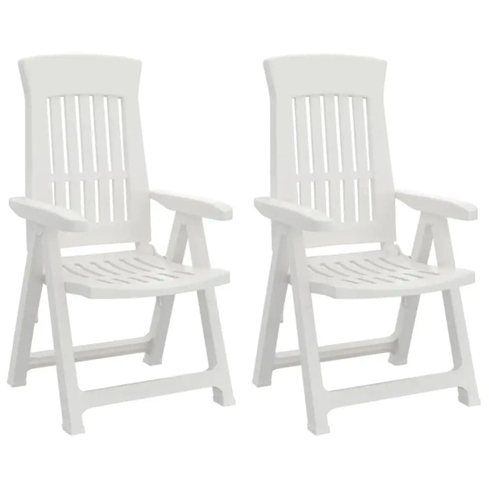 Pair of white garden reclining chairs with slatted backs and armrests