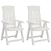Pair of white garden reclining chairs with slatted backs and armrests