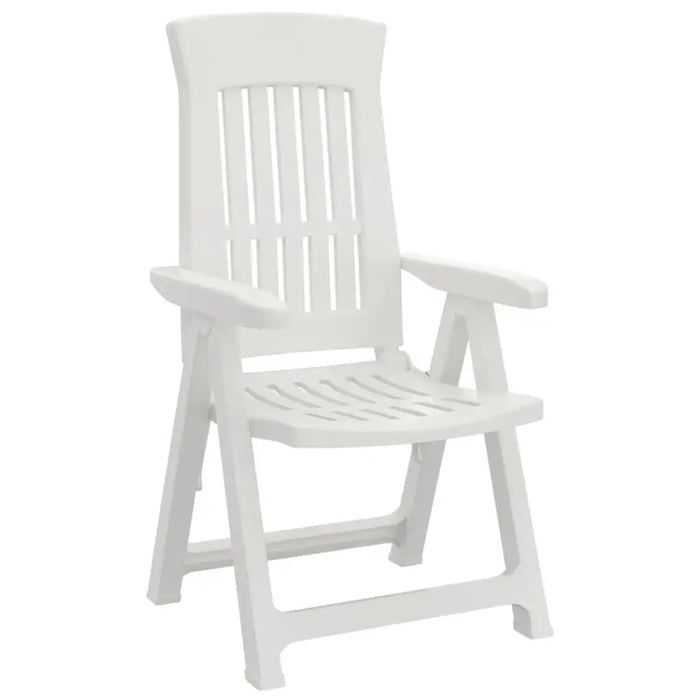 White plastic garden reclining chair with armrests and slatted backrest on white background