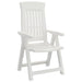 White plastic garden reclining chair with armrests and slatted backrest on white background