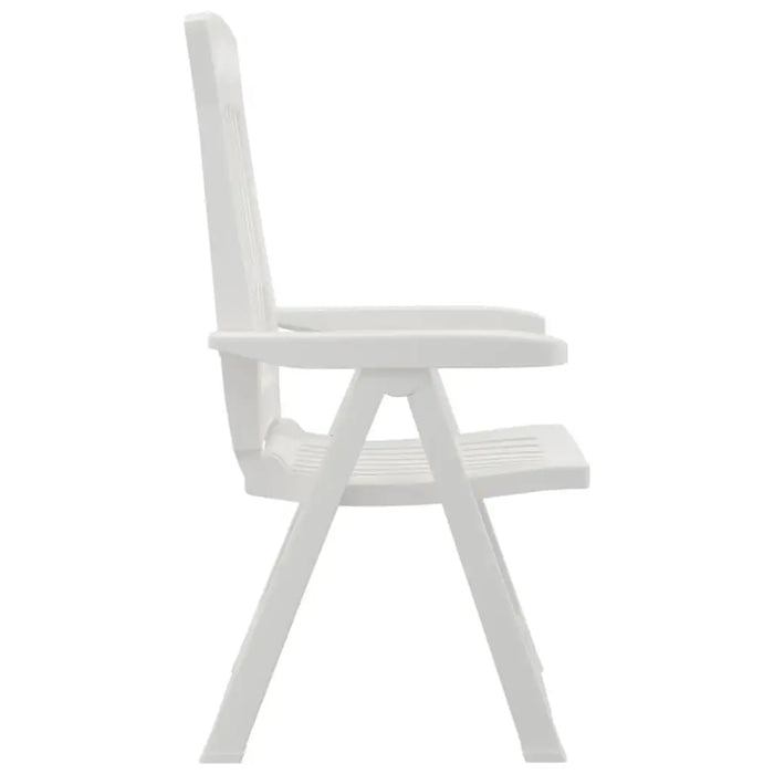 Side view of a white plastic garden reclining chair against a white background