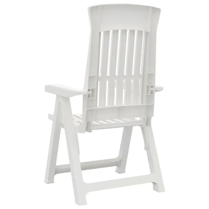 White plastic garden reclining chair with slatted back and armrests on white background