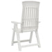 White plastic garden reclining chair with slatted back and armrests on white background