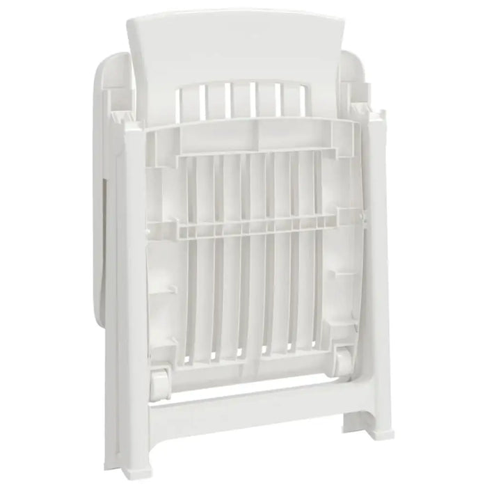 Folded white garden reclining chair with slatted back and seat, plastic frame