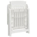 Folded white garden reclining chair with slatted back and seat, plastic frame