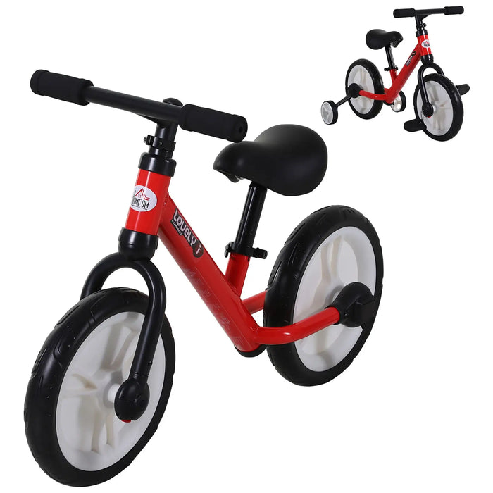 Red toddler balance bike with black seat and handlebars, white plastic wheels, and training wheels