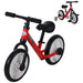 Red toddler balance bike with black seat and handlebars, white plastic wheels, and training wheels