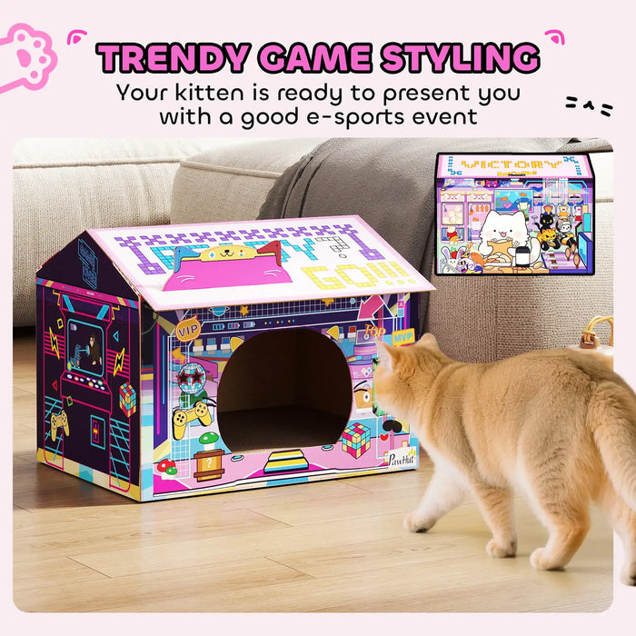2-in-1 Cardboard Cat House – Pink | Arcade-Style Design - Built-in Scratcher and Catnip PAWHUT - Little and Giant Explorers PawHut