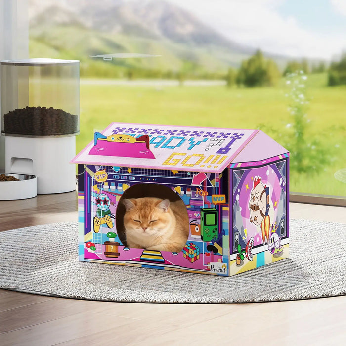 2-in-1 Cardboard Cat House – Pink | Arcade-Style Design - Built-in Scratcher and Catnip PAWHUT - Little and Giant Explorers PawHut