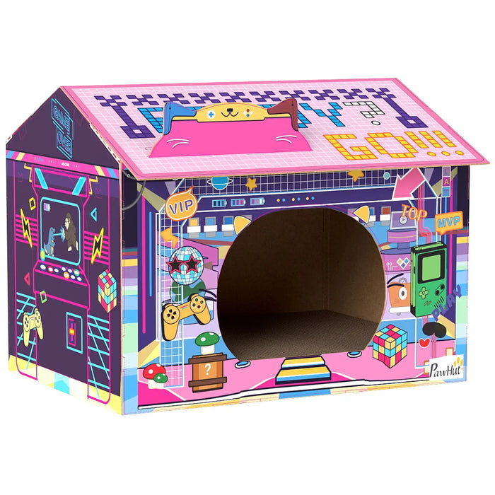 2-in-1 Cardboard Cat House – Pink | Arcade-Style Design - Built-in Scratcher and Catnip PAWHUT - Little and Giant Explorers PawHut