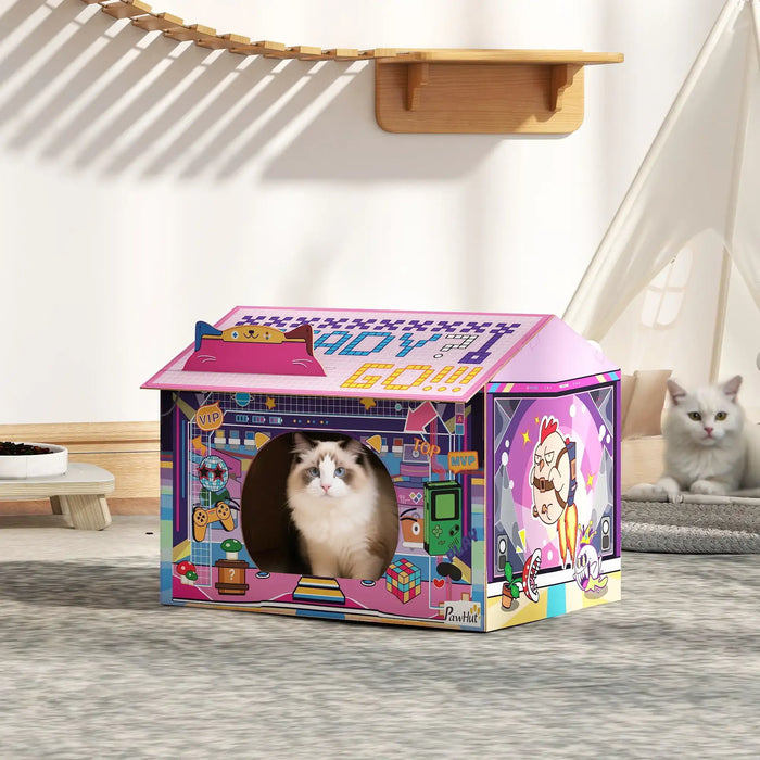 2-in-1 Cardboard Cat House – Pink | Arcade-Style Design - Built-in Scratcher and Catnip PAWHUT - Little and Giant Explorers PawHut