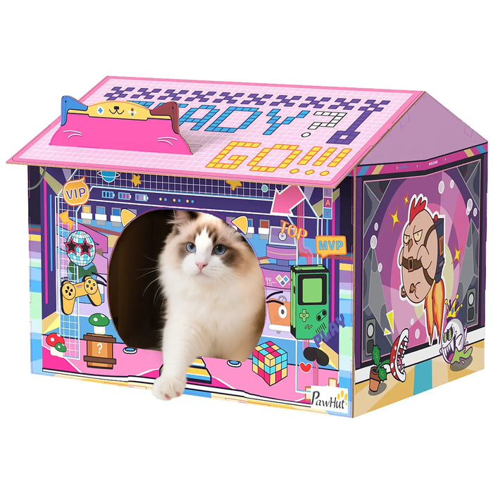 2-in-1 Cardboard Cat House – Pink | Arcade-Style Design - Built-in Scratcher and Catnip PAWHUT - Little and Giant Explorers PawHut