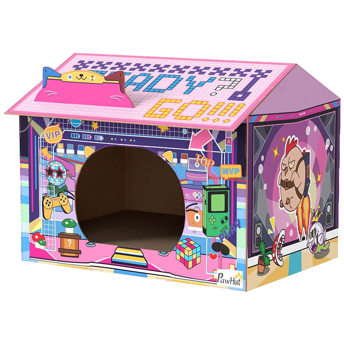 2-in-1 Cardboard Cat House – Pink | Arcade-Style Design - Built-in Scratcher and Catnip PAWHUT - Little and Giant Explorers PawHut