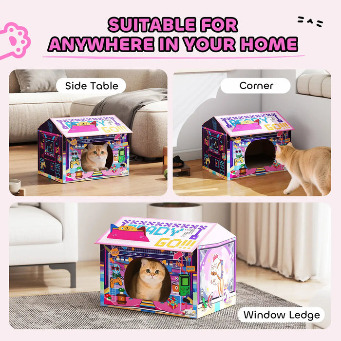 2-in-1 Cardboard Cat House – Pink | Arcade-Style Design - Built-in Scratcher and Catnip PAWHUT - Little and Giant Explorers PawHut