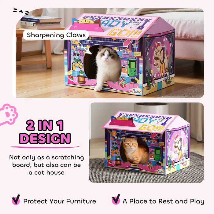 2-in-1 Cardboard Cat House – Pink | Arcade-Style Design - Built-in Scratcher and Catnip PAWHUT - Little and Giant Explorers PawHut