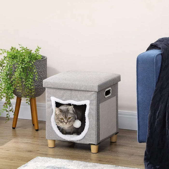 2-in-1 Cat House Ottoman – Cream White and Grey | Washable Cushion and Scratching Pad PAWHUT - Little and Giant Explorers PawHut