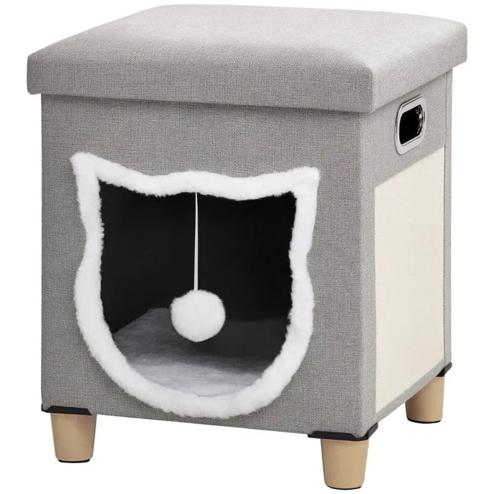 2-in-1 Cat House Ottoman – Cream White and Grey | Washable Cushion and Scratching Pad PAWHUT - Little and Giant Explorers PawHut