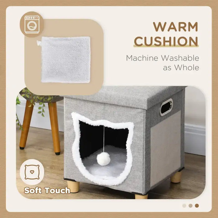 2-in-1 Cat House Ottoman – Cream White and Grey | Washable Cushion and Scratching Pad PAWHUT - Little and Giant Explorers PawHut