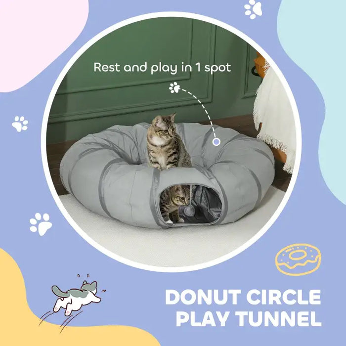 2-in-1 Cat Play Tunnel with Bed - Grey Suede | Zippable S-Shape or Circle PAWHUT - Little and Giant Explorers PawHut