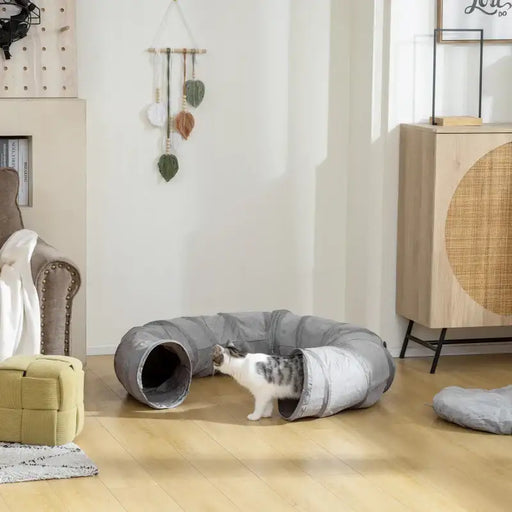 2-in-1 Cat Play Tunnel with Bed - Grey Suede | Zippable S-Shape or Circle PAWHUT - Little and Giant Explorers PawHut