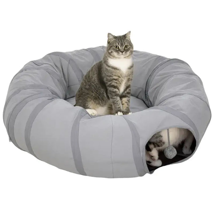 2-in-1 Cat Play Tunnel with Bed - Grey Suede | Zippable S-Shape or Circle PAWHUT - Little and Giant Explorers PawHut