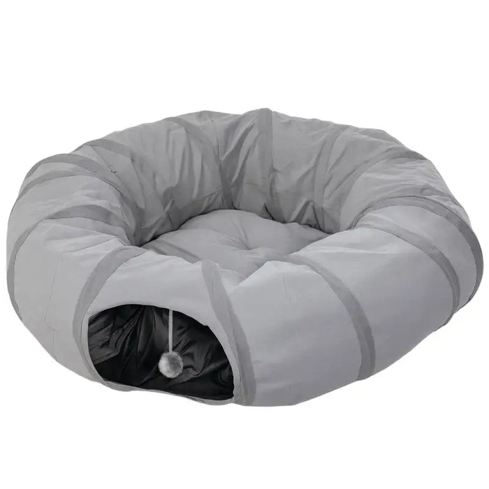 2-in-1 Cat Play Tunnel with Bed - Grey Suede | Zippable S-Shape or Circle PAWHUT - Little and Giant Explorers PawHut