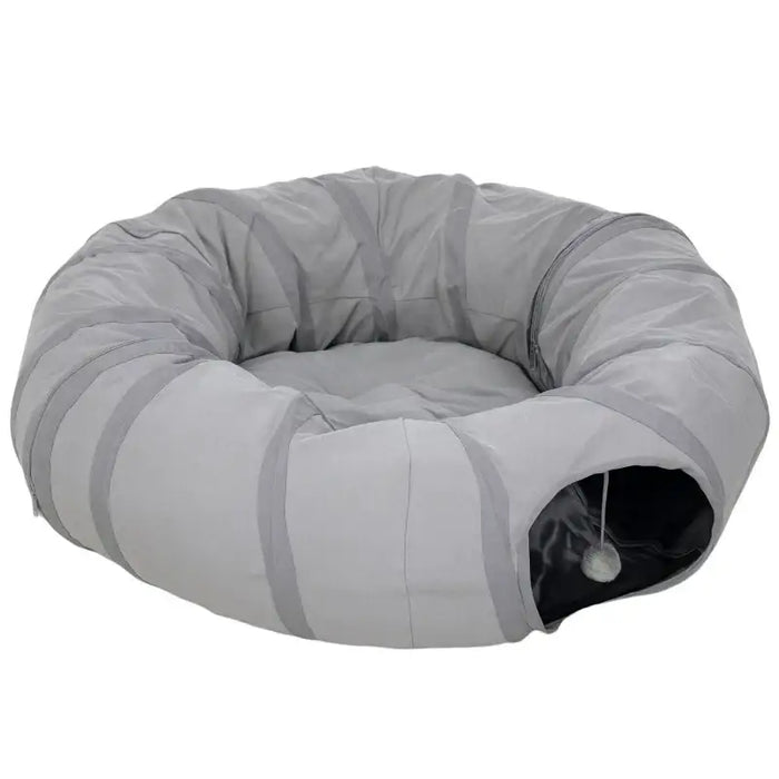 2-in-1 Cat Play Tunnel with Bed - Grey Suede | Zippable S-Shape or Circle PAWHUT - Little and Giant Explorers PawHut