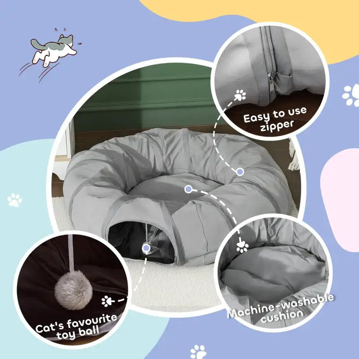 2-in-1 Cat Play Tunnel with Bed - Grey Suede | Zippable S-Shape or Circle PAWHUT - Little and Giant Explorers PawHut
