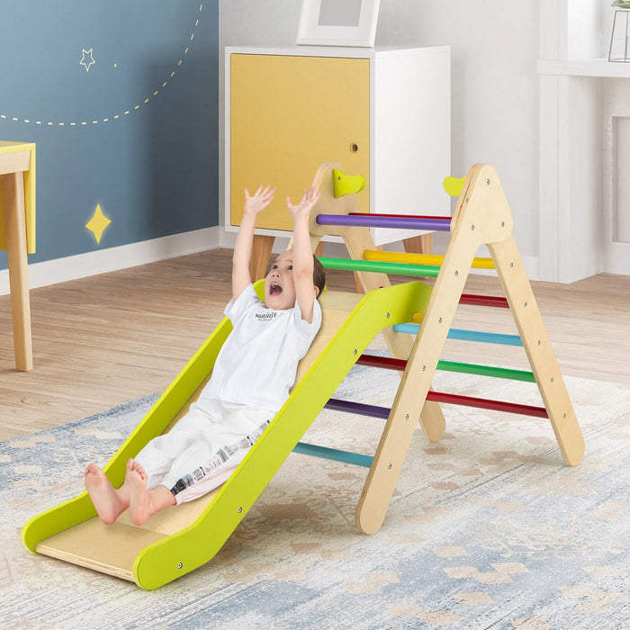 2-in-1 Colourful Wooden Climbing Frame with Gradient Adjustable Slide - Little and Giant Explorers Costway