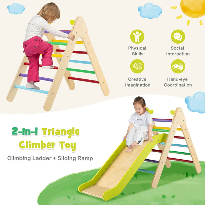 2-in-1 Colourful Wooden Climbing Frame with Gradient Adjustable Slide - Little and Giant Explorers Costway