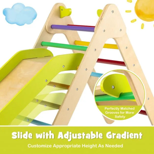 2-in-1 Colourful Wooden Climbing Frame with Gradient Adjustable Slide - Little and Giant Explorers Costway