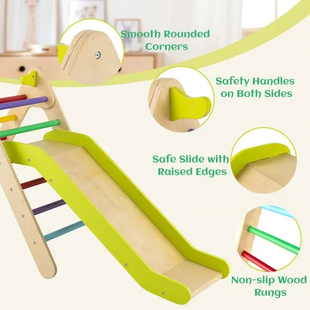 2-in-1 Colourful Wooden Climbing Frame with Gradient Adjustable Slide - Little and Giant Explorers Costway