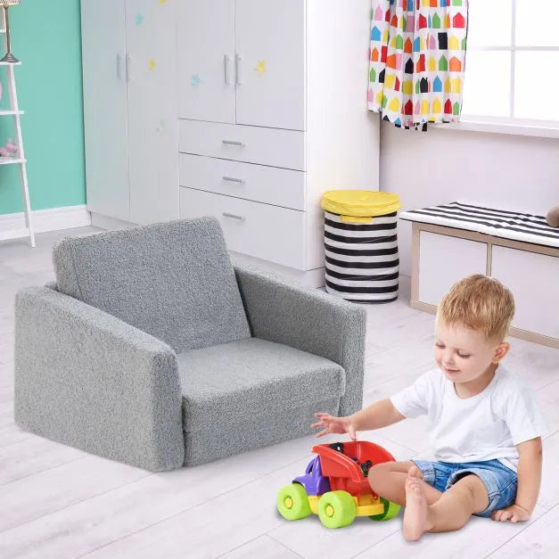 2-in-1 Convertible Kids Sofa - Grey | Flip Open Toddler Couch and Lounger Sleeper COSTWAY - Little and Giant Explorers Costway