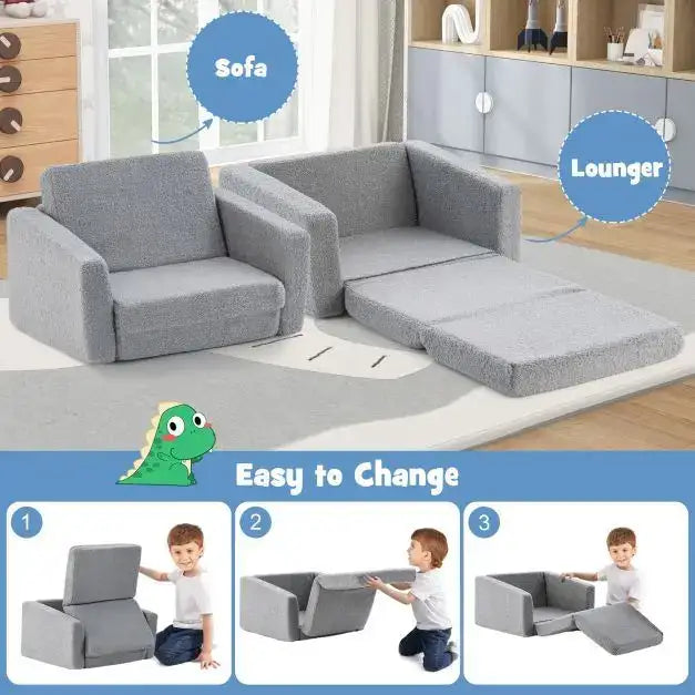 2-in-1 Convertible Kids Sofa - Grey | Flip Open Toddler Couch and Lounger Sleeper COSTWAY - Little and Giant Explorers Costway